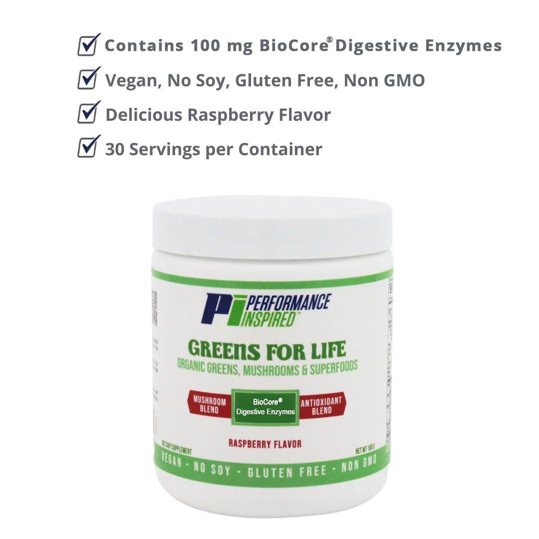 Performance Inspired Greens for Life Organic Greens, Mushrooms, and Superfoods Powder 30 Servings
