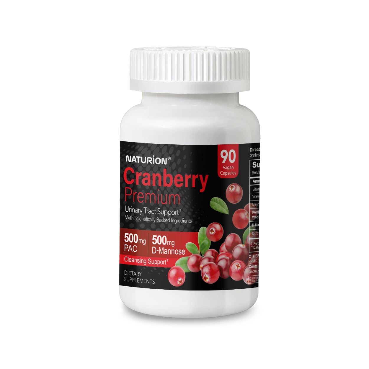 NATURION Cranberry Premium Urinary Tract Support with PACRAN Cranberry Extract & D-Mannose, 500mg, 90 Capsules