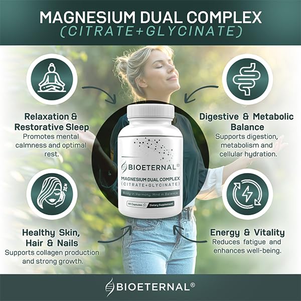 BIOETERNAL Magnesium Dual Complex Citrate + Glycinate Formula, 60 Capsules