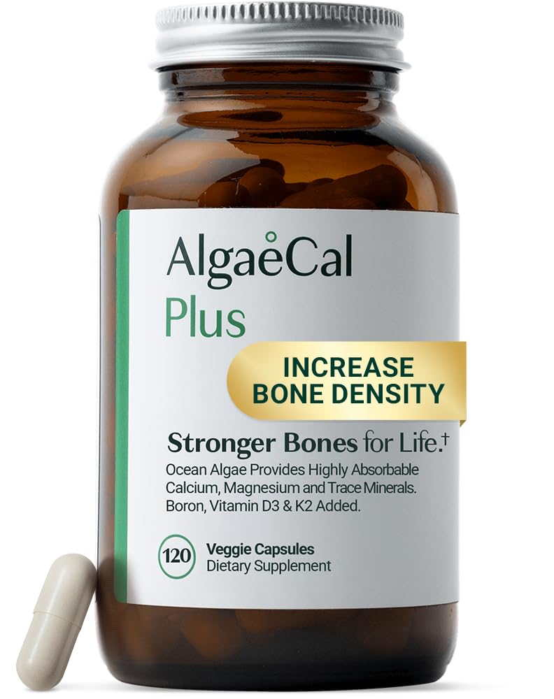 ALGAECAL Organic Red Algae Calcium Supplement for Bone Density with Vitamin K2 MK7, Vitamin D3, Magnesium & Trace Minerals, Veggie Caps, 120 Count
