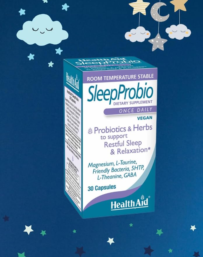 HealthAid SleepProbio Sleep Support Supplement – with Magnesium, 5-HTP, GABA, Ashwagandha & Probiotics – Helps Support Restful Sleep & Relaxation – Once Daily, Vegan Capsule, 30 Capsules
