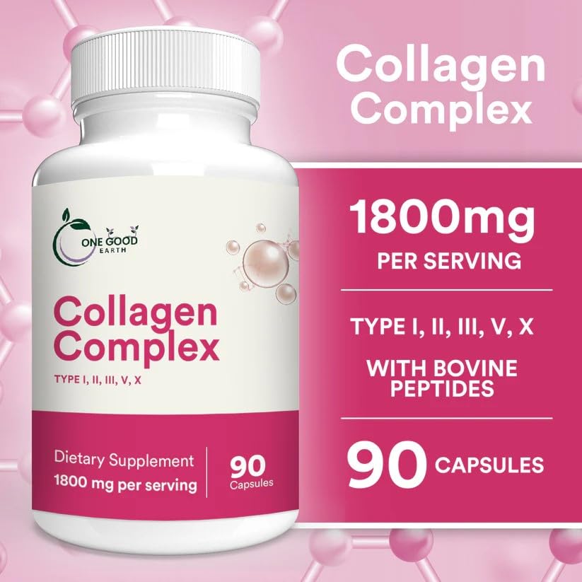 One Good Earth Collagen Complex Bovine Peptides Type I, II, III, V, X 1800mg with Vitamin C, Zinc, Copper and Manganese Capsule, 90 Count