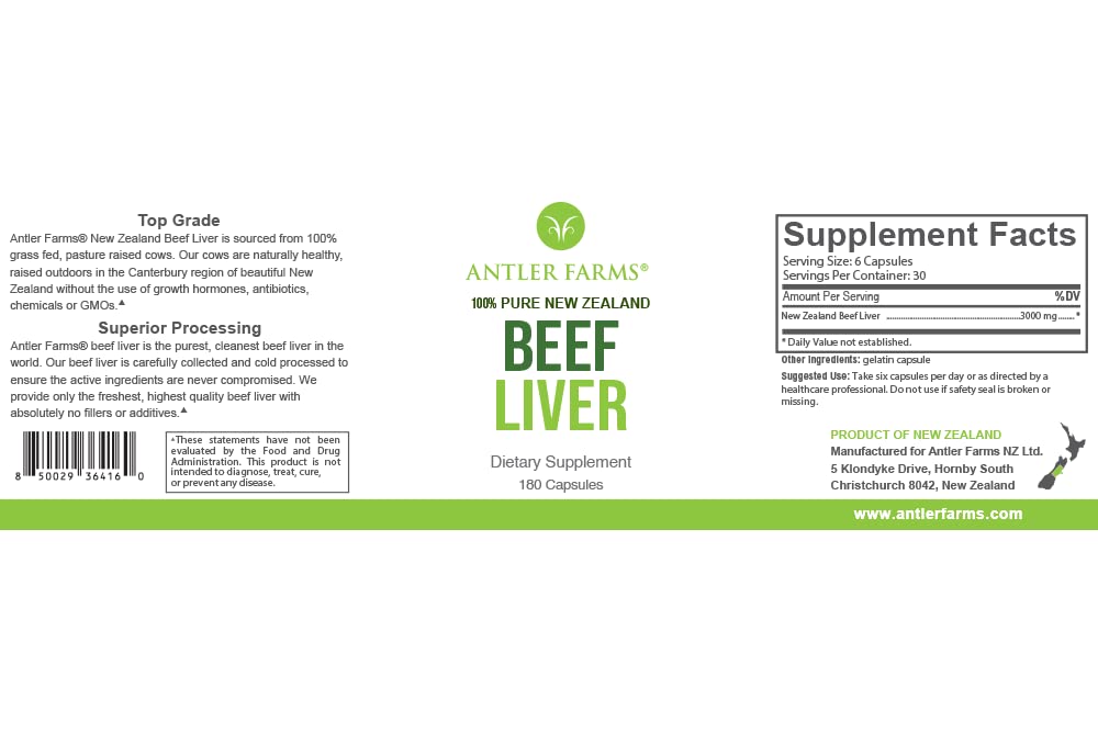 Antler Farms 100% Pure New Zealand Beef Liver 180 Capsules
