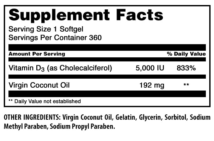 Amazing Nutrition Vitamin D3 in Coconut Oil 5000 IU Supplement Softgels, 360 Count