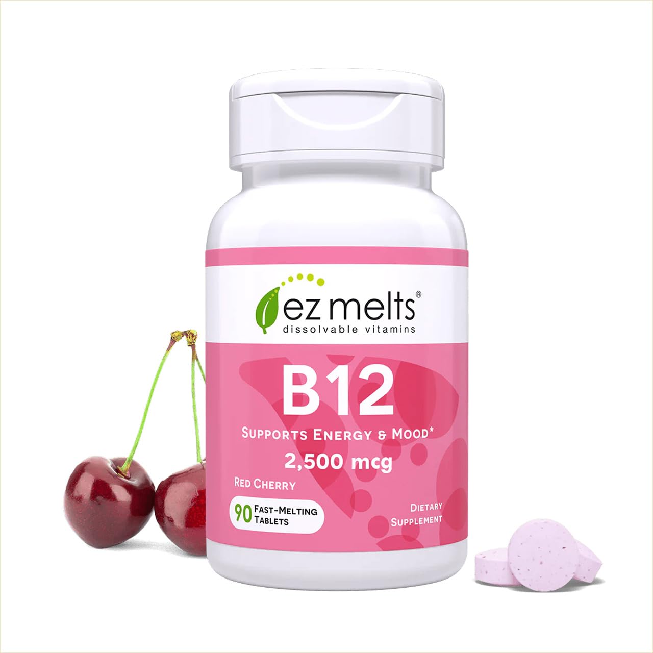 EZ Melts Dissolvable B12 Methylcobalamin 2,500 mcg Vitamin B12 for Energy & Immune Support, Non-GMO, Vegan & Gluten-Free, Red Cherry, 90 Tablets
