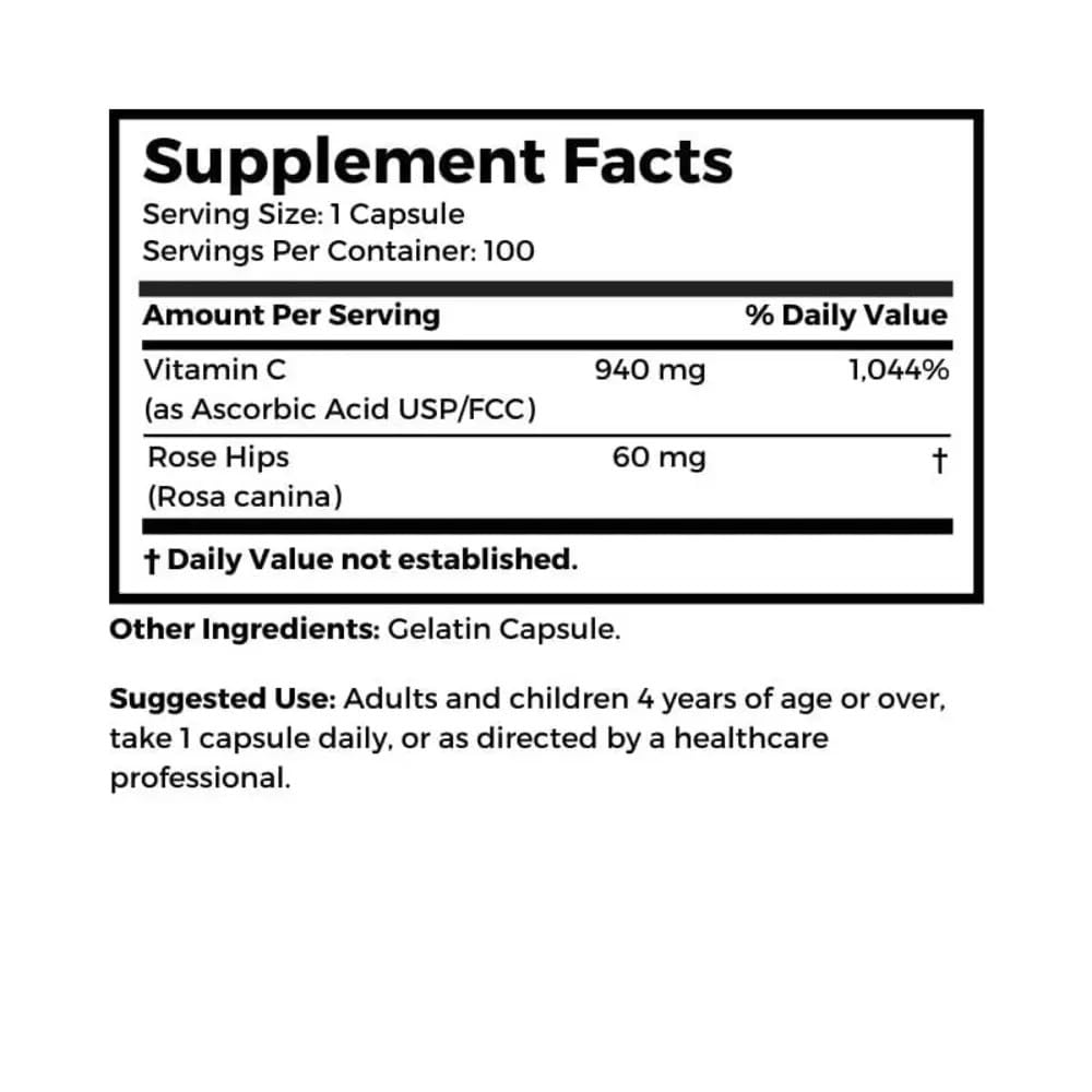 Dr Clark Store Vitamin C with Rose Hips Supplement 100 Capsules
