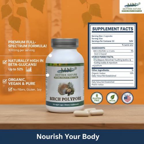 Mn Mother Nature Inc Birch Polypore Mushroom Supplement 1000mg Capsules 120