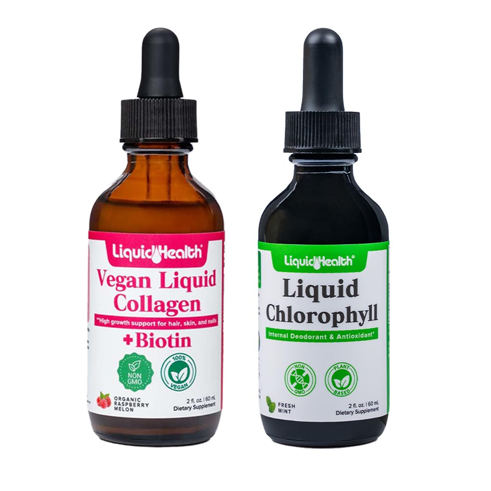 LIQUIDHEALTH Vegan Liquid Collagen Plus Biotin & Liquid Chlorophyll Powder Bundle