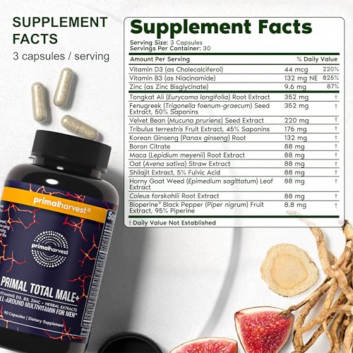 Primal Harvest Total Male+ Multivitamin for Men Vitamins, Minerals and Herbal Support for Energy, Vitality, Immune Health and Performance (1 Pack (90 Count))
