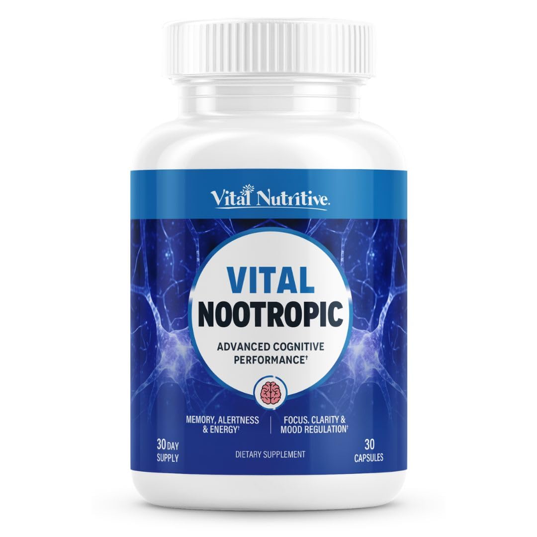 VITAL NUTRITIVE Vital Nootropic 12-in-1 Brain Supplement for Memory, Focus & Energy Support – L-Tyrosine, Bacopa, Rhodiola, Caffeine, B Vitamins – Cognitive Balance Capsules, 30 Count
