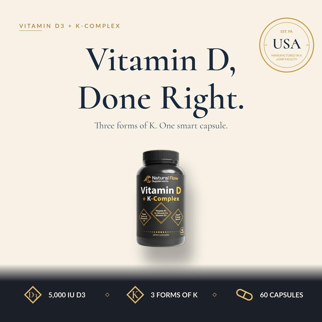 Natural Flow Supplements Vitamin D3 with K2 Complex Capsules, 60 Capsules