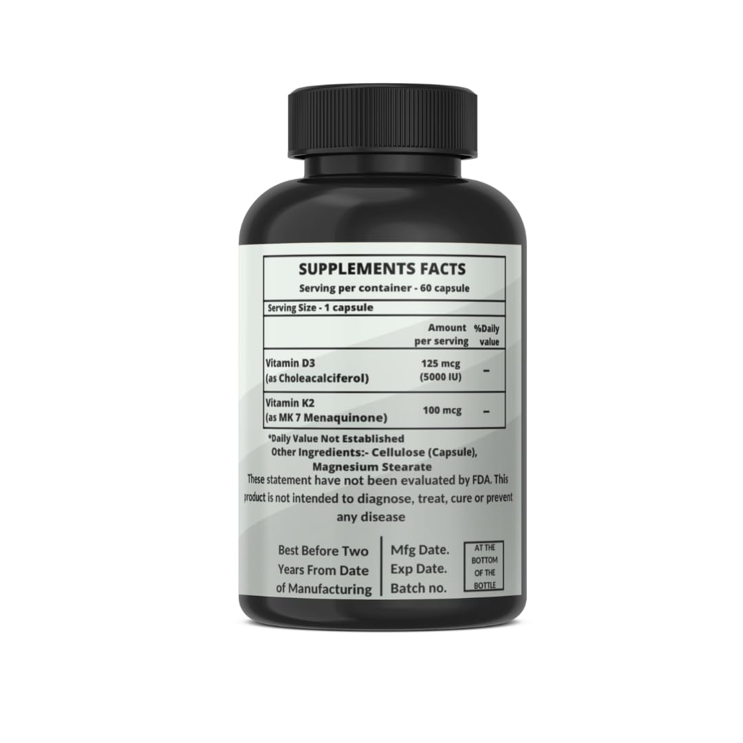 Heroot Vitamin K2 (MK-7) with D3 Extra Strength Supplement Non-GMO Formula 5000IU (125 mcg) Vitamin D3 & 90 mcg Vitamin K2 MK-7 Easy to Swallow Vitamin D & K Complex, 60 Capsules