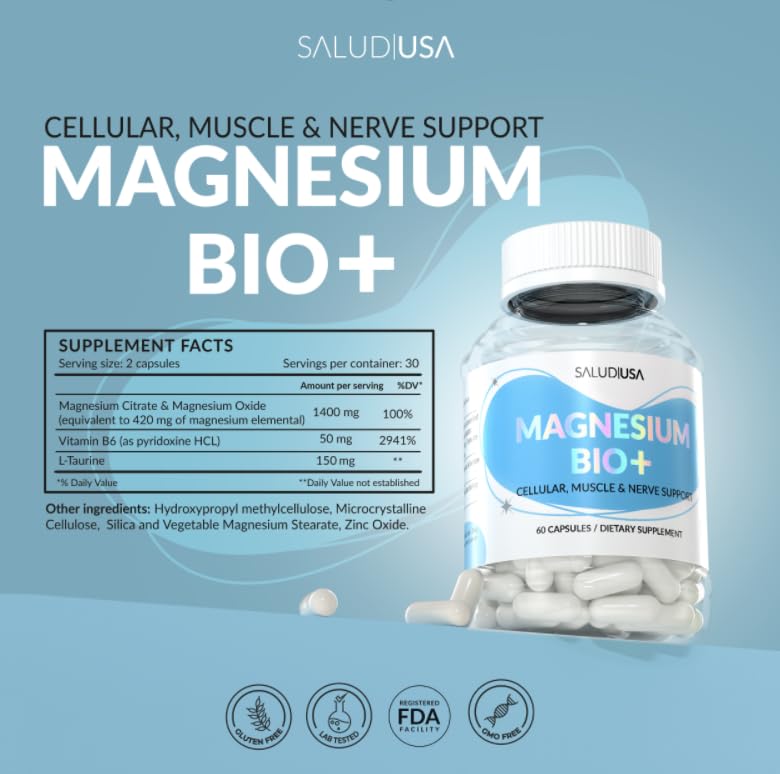 SALUD USA Magnesium BIO+ with Taurine & Vitamin B6 Magnesium Supplement for Muscle Support, Nerve Health, Cellular Energy Production, Metabolism Support & Heart Health, 60 Capsules