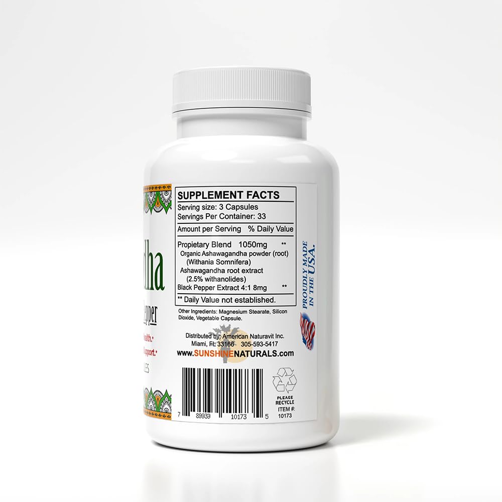 Sunshine Naturals Ashwagandha & Black Pepper Dietary Supplement 1000mg Capsules, 100 Count