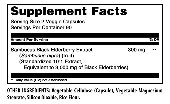 Amazing Nutrition Sambucus Black Elderberry 300 Mg Standardized 10:1 Extract 180 Veggie Capsules
