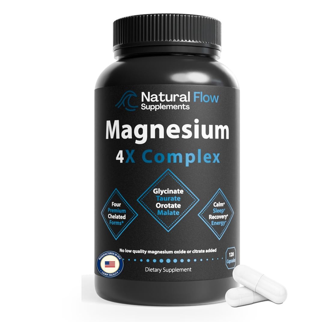 Natural Flow Supplements Magnesium Glycinate 4X Complex 200 mg Elemental, 120 Capsules