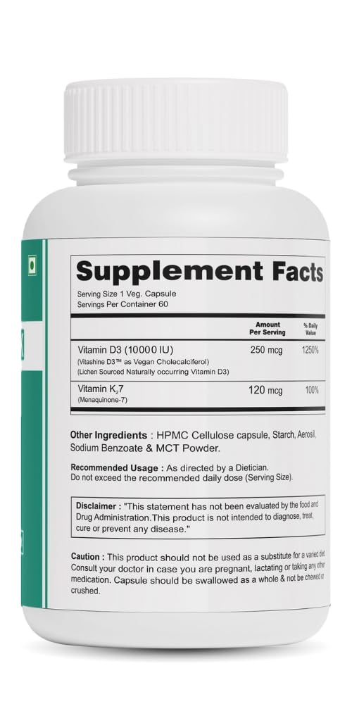 Zynano Vegan Vitamin D3 10000 IU & Vitamin K2 120 mcg with MCT Powder Capsules, 60 Count