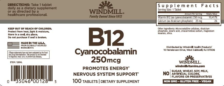 Windmill Vitamin B-12 250 mcg Tablets, 200 Count