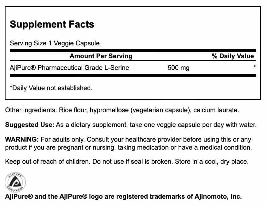 Swanson Ajipure L-Serine Amino Acid Supplement Supporting Brain Health & Nervous System Function - 500mg Each Capsule, 180 Capsules