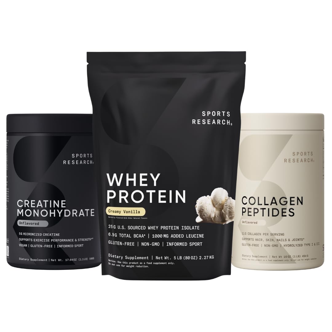 Sports Research Protein Pack Powder Bundle: Whey Isolate Protein Powder 5lb, Creatine Monohydrate 1.1lb, Collagen Peptides 1lb
