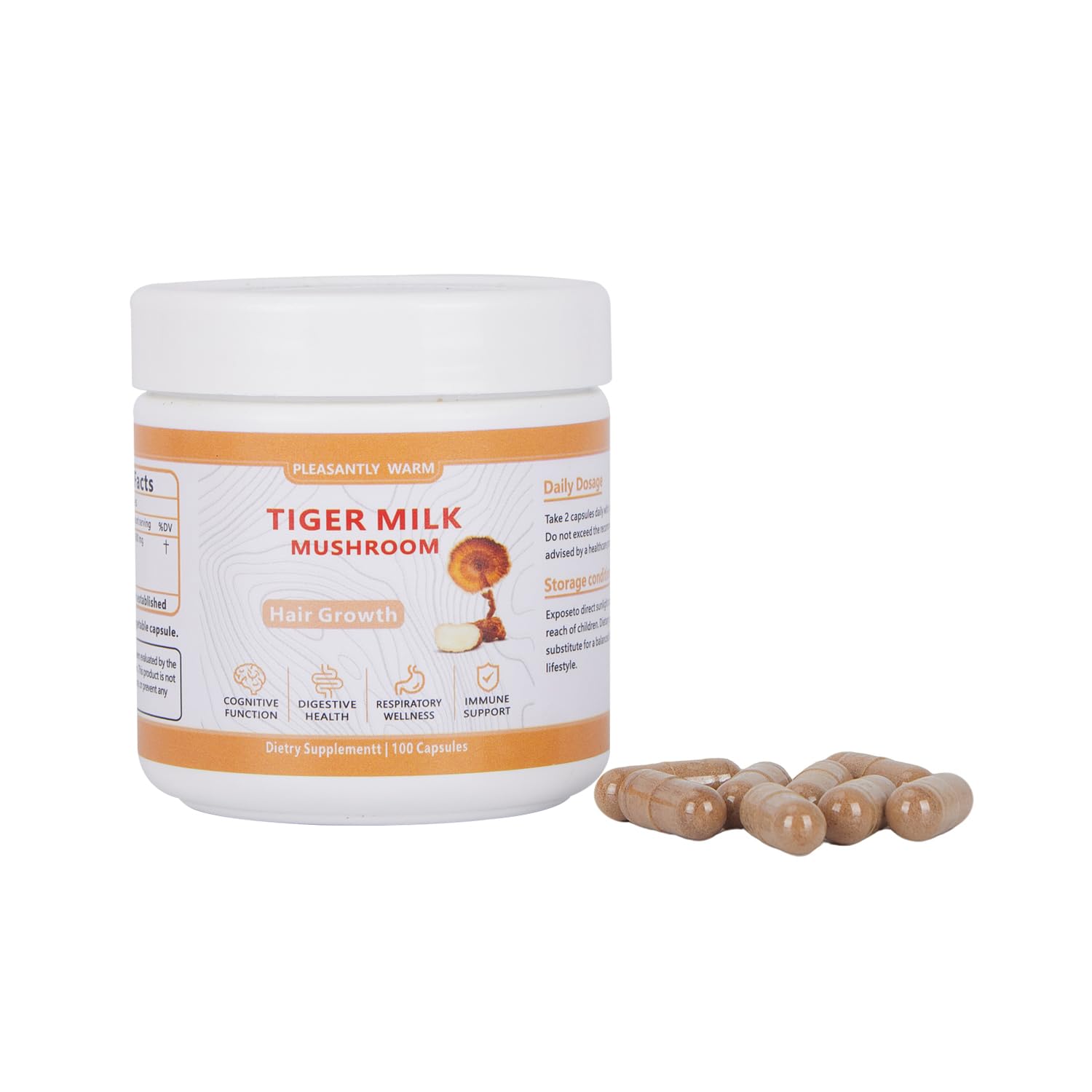 Pleasantly Warm Tiger Milk Mushroom Supplement 300mg with 50% Beta-Glucan, 100 Capsules
