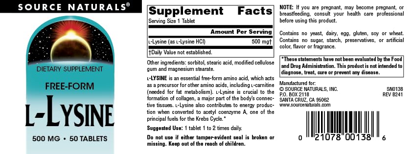 Source Naturals L-Lysine Free Form 500 mg Tablet, 50 Tablets