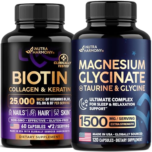 NUTRAHARMONY Biotin, Collagen, Keratin & Magnesium Glycinate with Glycine, 180 Capsules