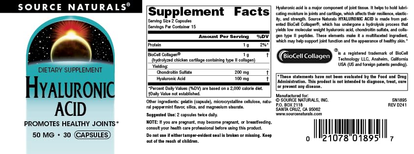 Source Naturals Hyaluronic Acid 50mg Capsules, 60 Count