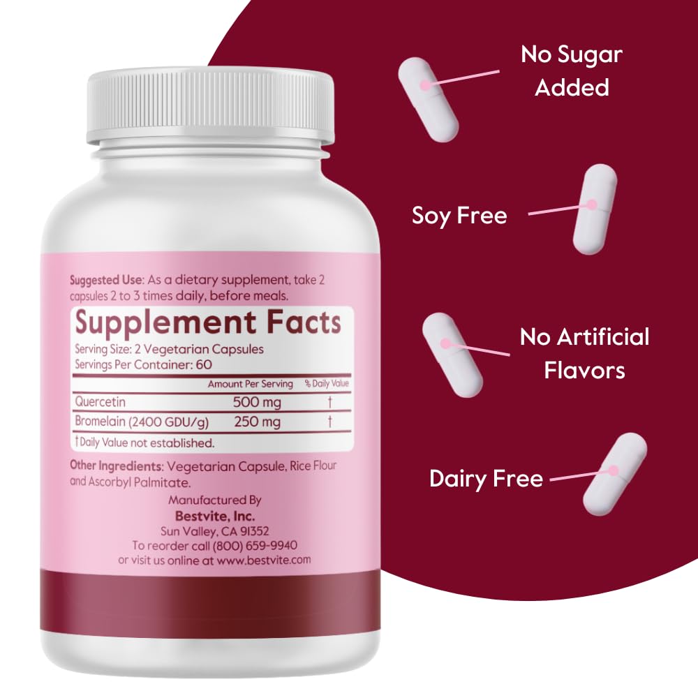 BESTVITE Quercetin with Bromelain 500mg/250mg Capsule, 120 Count