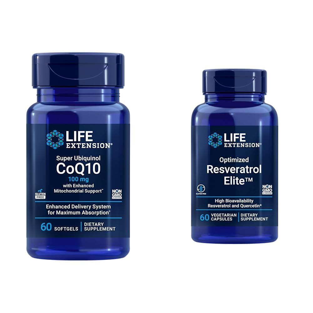 Life Extension Super Ubiquinol CoQ10 Softgels & Optimized Resveratrol Elite Vegetarian Capsules Bundle, 120 Count