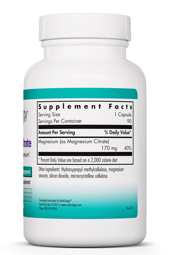 Allergy Research Group NutriCology Magnesium Citrate Bioavailable Chelated Magnesium Nervous System & Muscle Support Vegetarian Capsules 90 Count