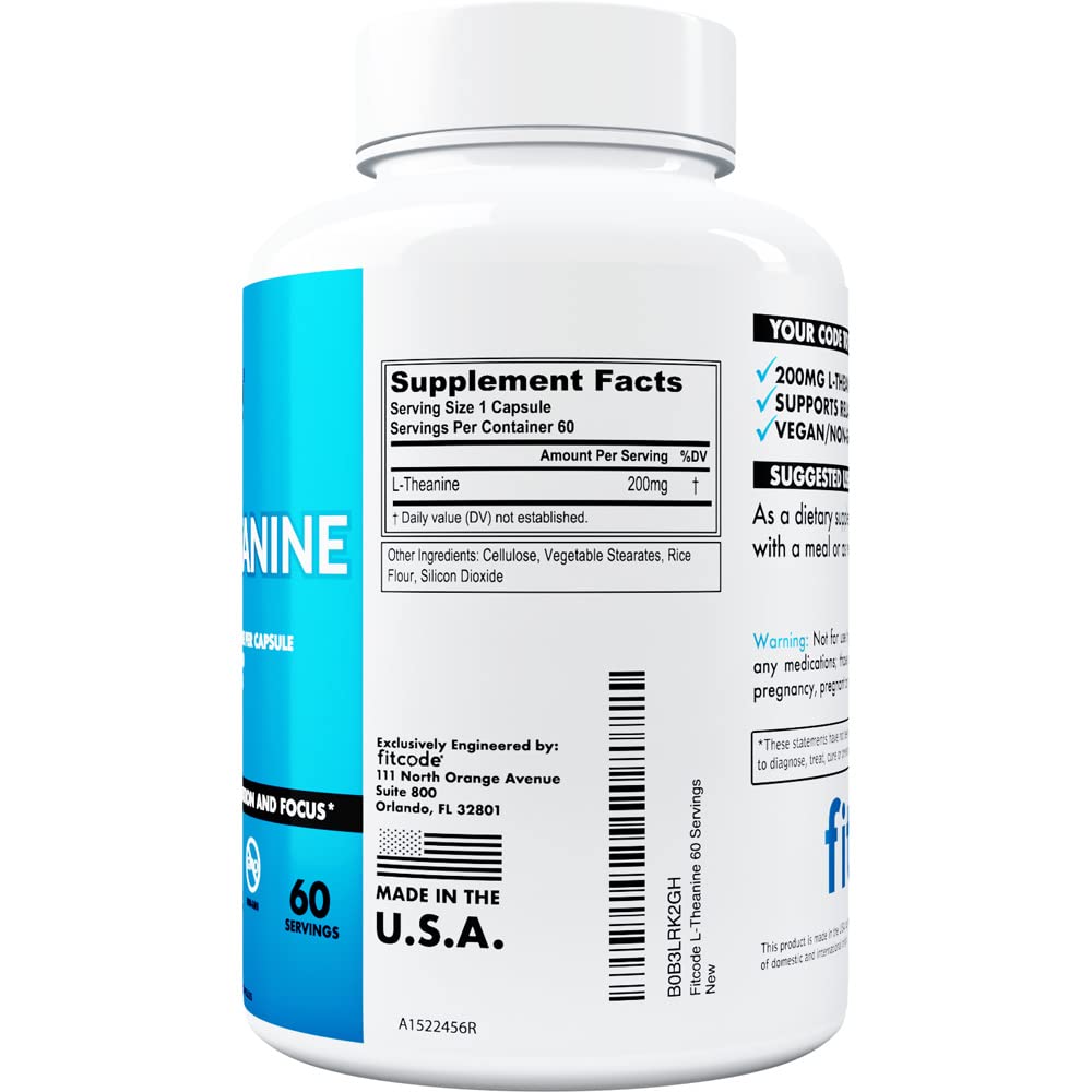 fitcode L-Theanine 200mg Capsules, 60 Count