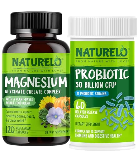 NATURELO Probiotics for Digestive Health & Magnesium Glycinate Chelate Complex 180 Capsules