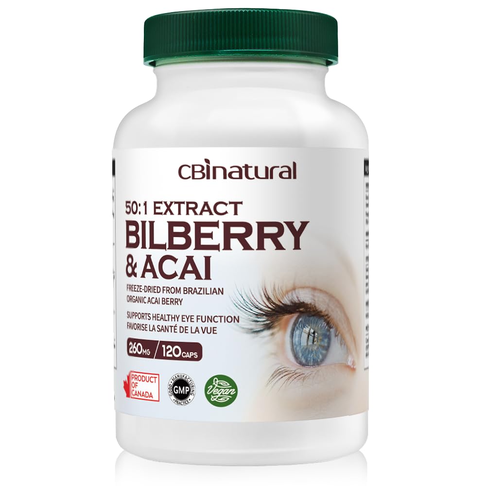 CBI Natural Bilberry 50:1 Extract with Acai Berry Eye Health & Vision Support, 120 Capsules