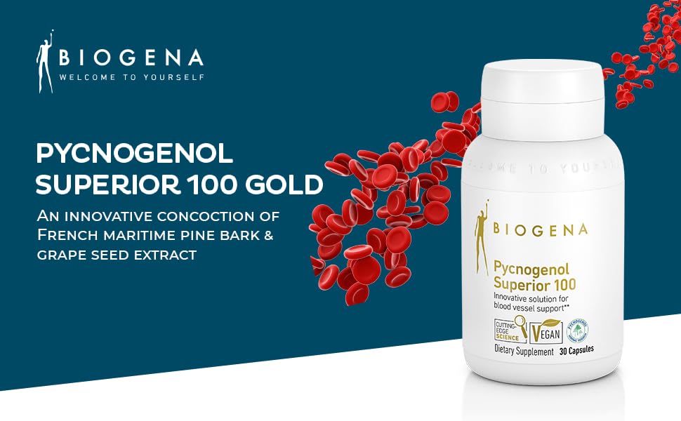 BIOGENA Pycnogenol 100 mg Gold with Premium Patented French Maritime Pine Bark Extract (Pinus Pinaster) Capsules, 30 Count