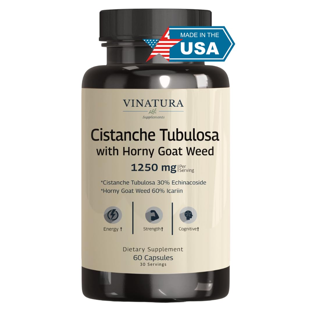 VINATURA Cistanche with Horny Goat Weed 60% Icariin - 1250mg per Serving Capsule, 60 Count