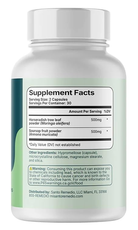 Santo Remedio Moringa and Soursop Dietary Supplement Capsules, 180 Capsules