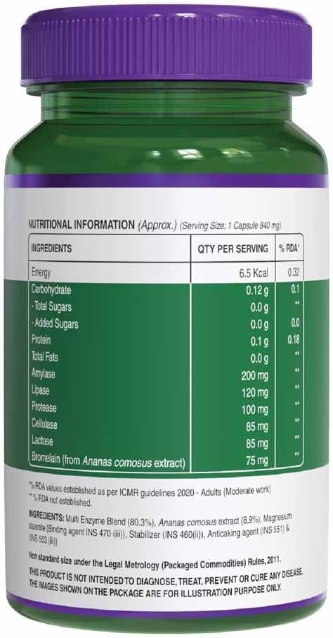 Generic Digestive Enzymes 665mg (Amylase, Lipase, Protease, Cellulase, Lactase) with Bromelain, Veg Capsules, 60 Count