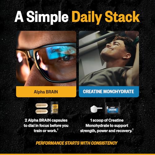 ONNIT Alpha Brain Nootropic Capsules (90 Count) + Creatine Monohydrate Powder (30 Servings) Pack of 2