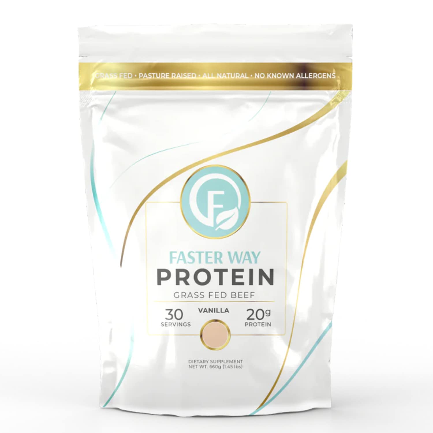 FASTer Way to Fat Loss Hydrolyzed Grass-Fed Beef Protein Powder - Vanilla - 20g Protein per Serving, 9 Essential Amino Acids, Sugar, Gluten & Dairy Free, Non-GMO, 1.46 lb