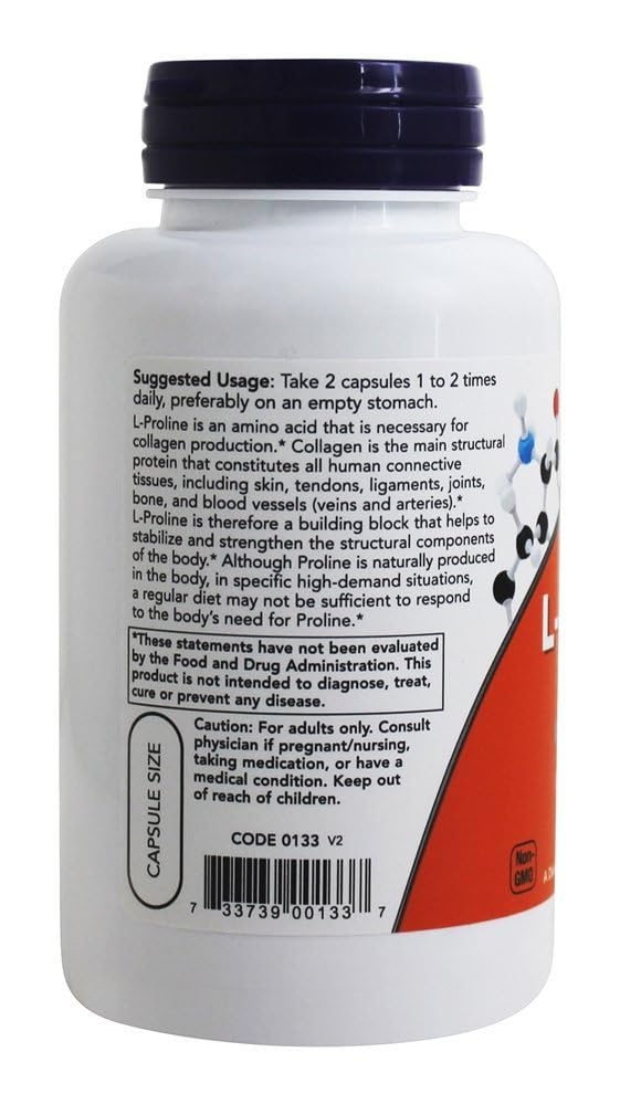 NOW Foods L-Proline 500 mg Capsules, 120 Capsules