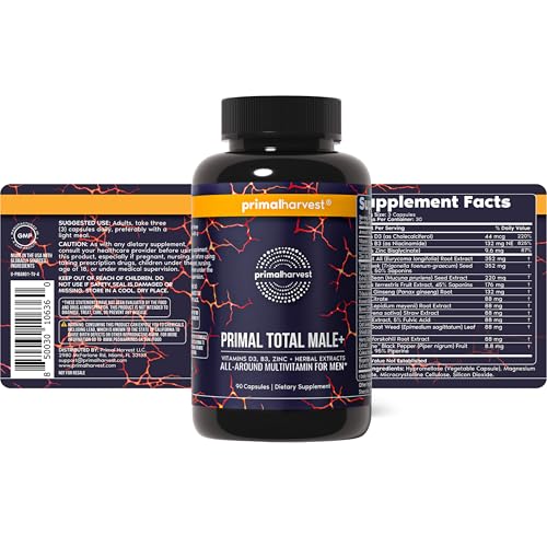 Primal Harvest Total Male+ Multivitamin for Men Vitamins, Minerals and Herbal Support for Energy, Vitality, Immune Health and Performance (1 Pack (90 Count))