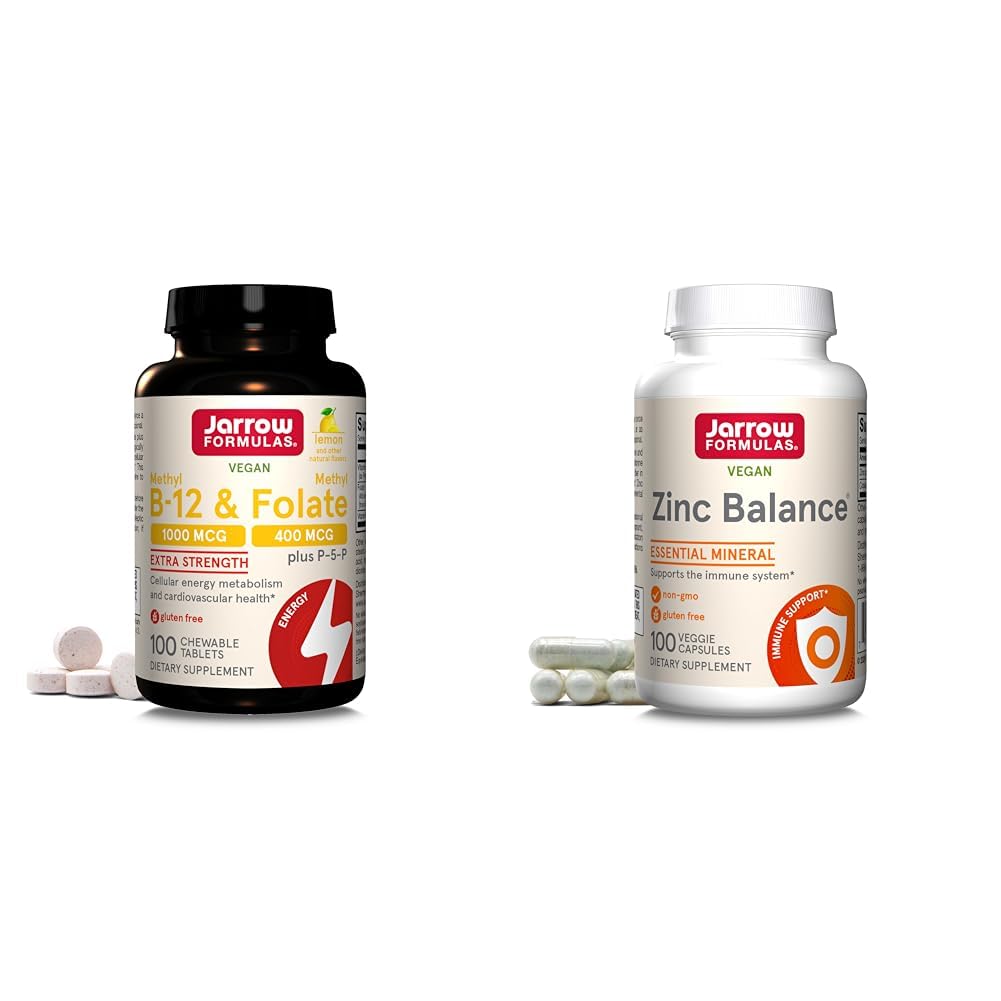Jarrow Formulas Methyl B-12 1000 mcg & Methyl Folate 400 mcg Chewable Tablets and Zinc Balance 15 mg, 100 Veggie Capsules