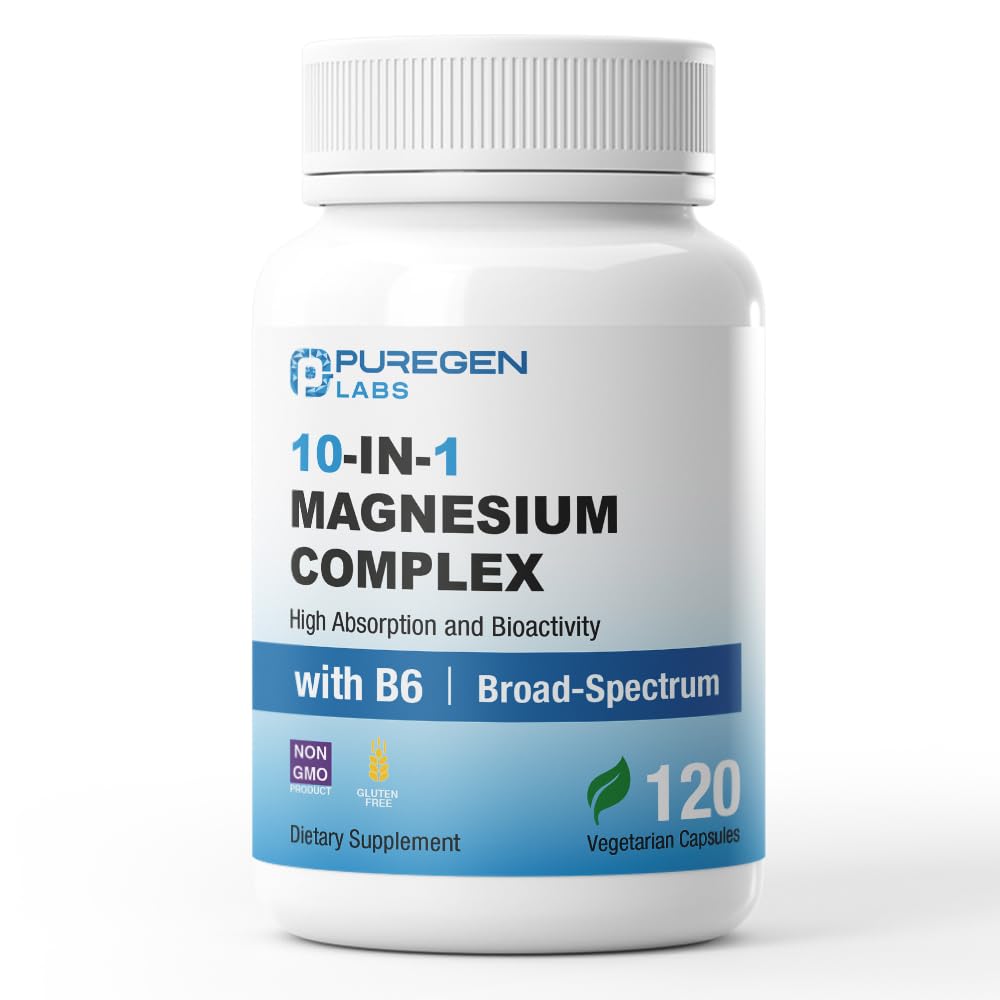 P Puregen Labs 10 in 1 Magnesium Complex 500mg with B6 Capsule, 120 Veggie Capsules