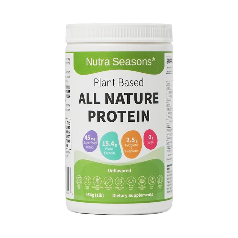 Nutra Seasons Plant Based All Nature Protein Powder with Mushroom Blend, Superfood Blend, Prebiotic & Probiotic Blend, Vitamin B12, and Iodide, 16 oz