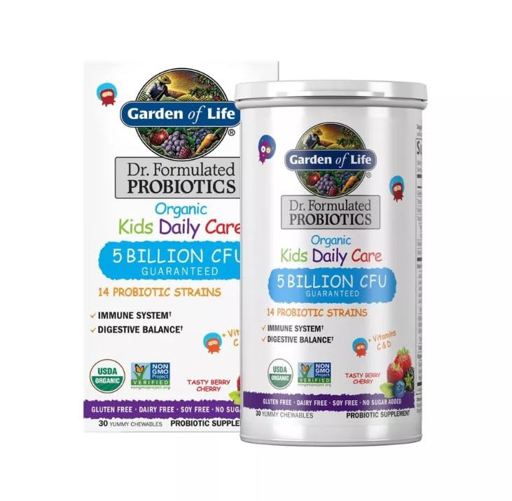 Garden of Life Dr. Formulated Kids Organic Probiotic Chewables, Berry & Cherry Flavor, 5 Billion CFU, 30 Count