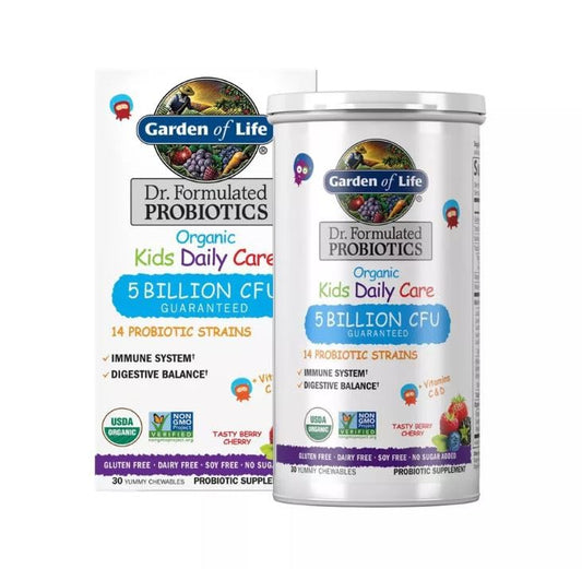 Garden of Life Dr. Formulated Kids Organic Probiotic Chewables, Berry & Cherry Flavor, 5 Billion CFU, 30 Count