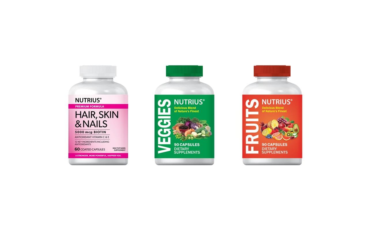 Nutrius Hair, Skin & Nails 5000 mcg Biotin with Antioxidant Vitamin C & E, 90 Capsules