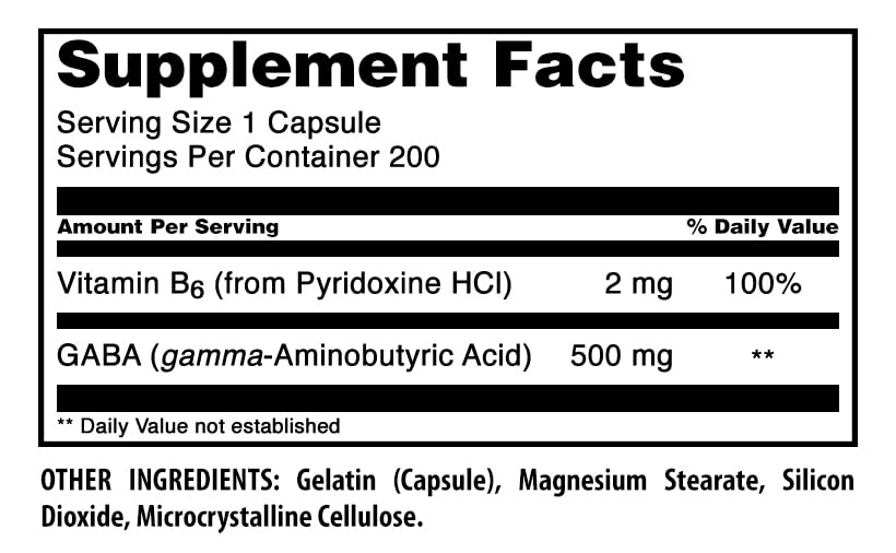 Amazing Nutrition GABA with Vitamin B6 Supplement Capsules, 200 Capsules