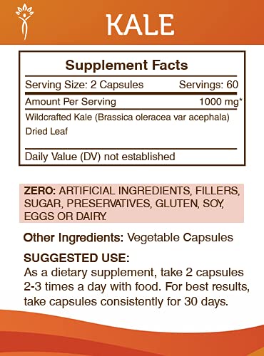 Secrets of the Tribe Kale 1000 mg Wildcrafted Dried Leaf Capsules, 120 Count